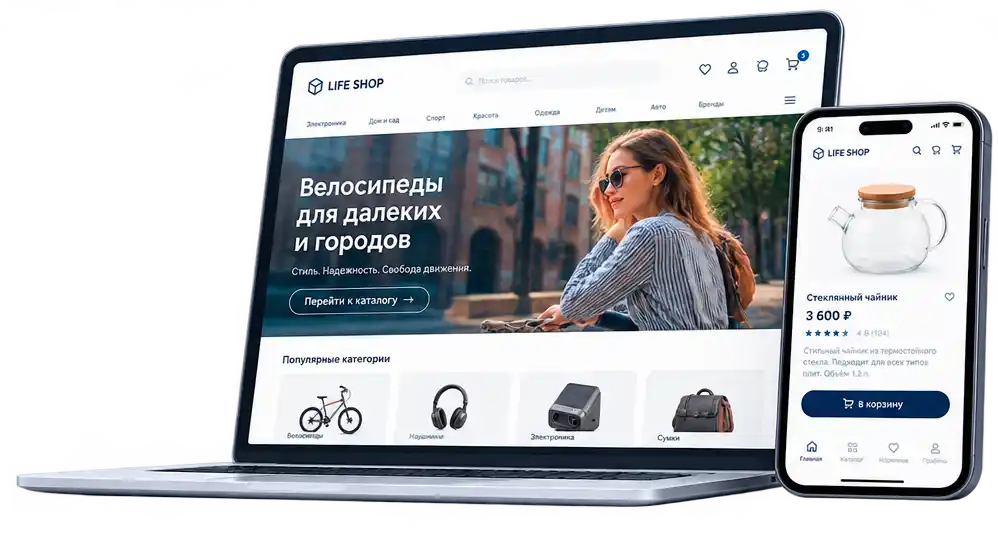 Готовый шаблон интернет-магазина на ноутбуке и смартфоне