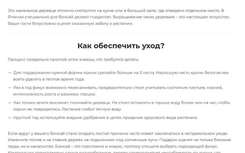 Описание фикуса бонсай на сайте клиента: подзаголовки и список по уходу
