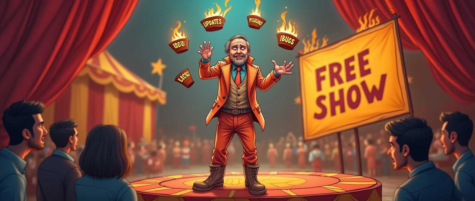 vibrant_illustration_of_an_exhausted_developer_dressed_as_a_circus_performer_trying_to_juggle_flami_2ut60dzdz2ckg0zcvxi4_17.jpg