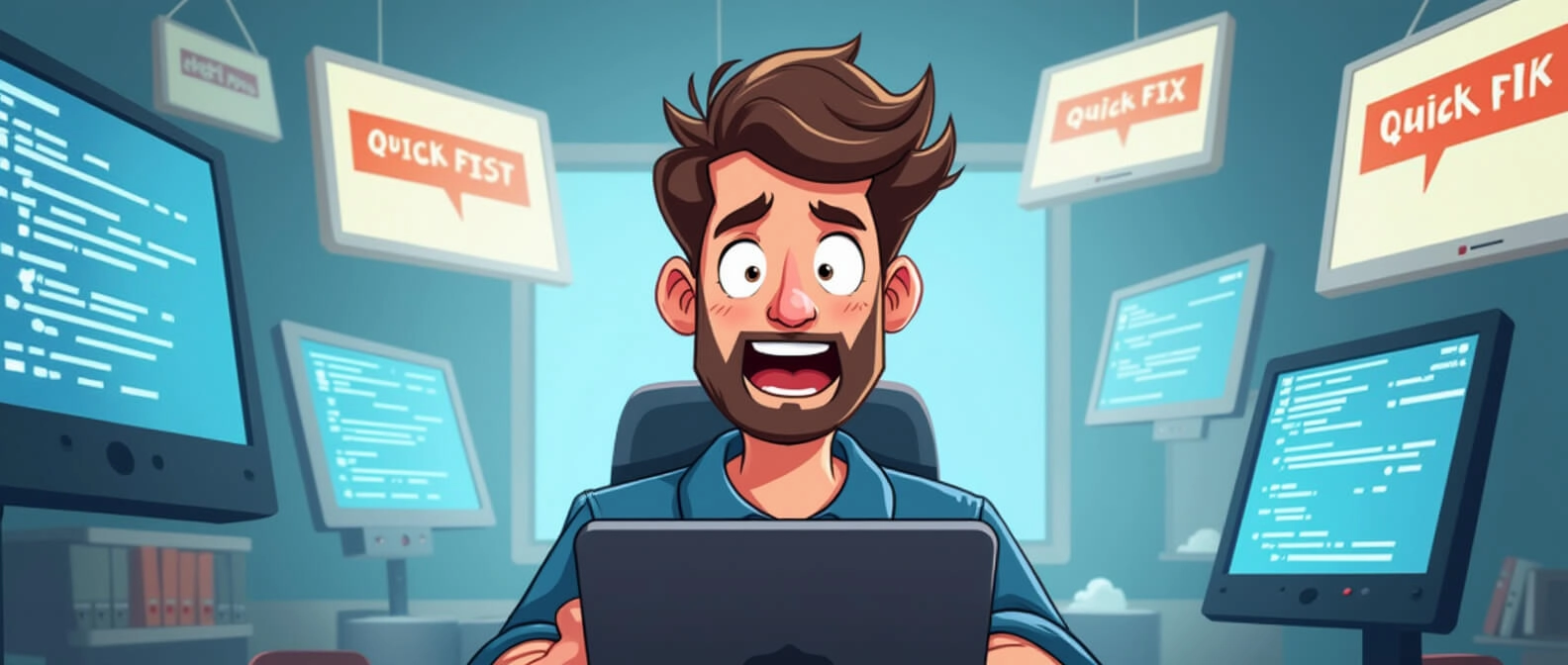 a_humorous_cartoon_illustration_of_a_web_developer_surrounded_by_multiple_floating_screens_and_quick_2517aae1-3553-4db7-91e6-6643630d573f.jpg