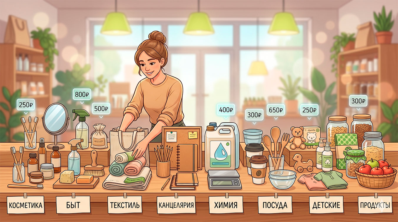Ассортимент экомагазина без воды
