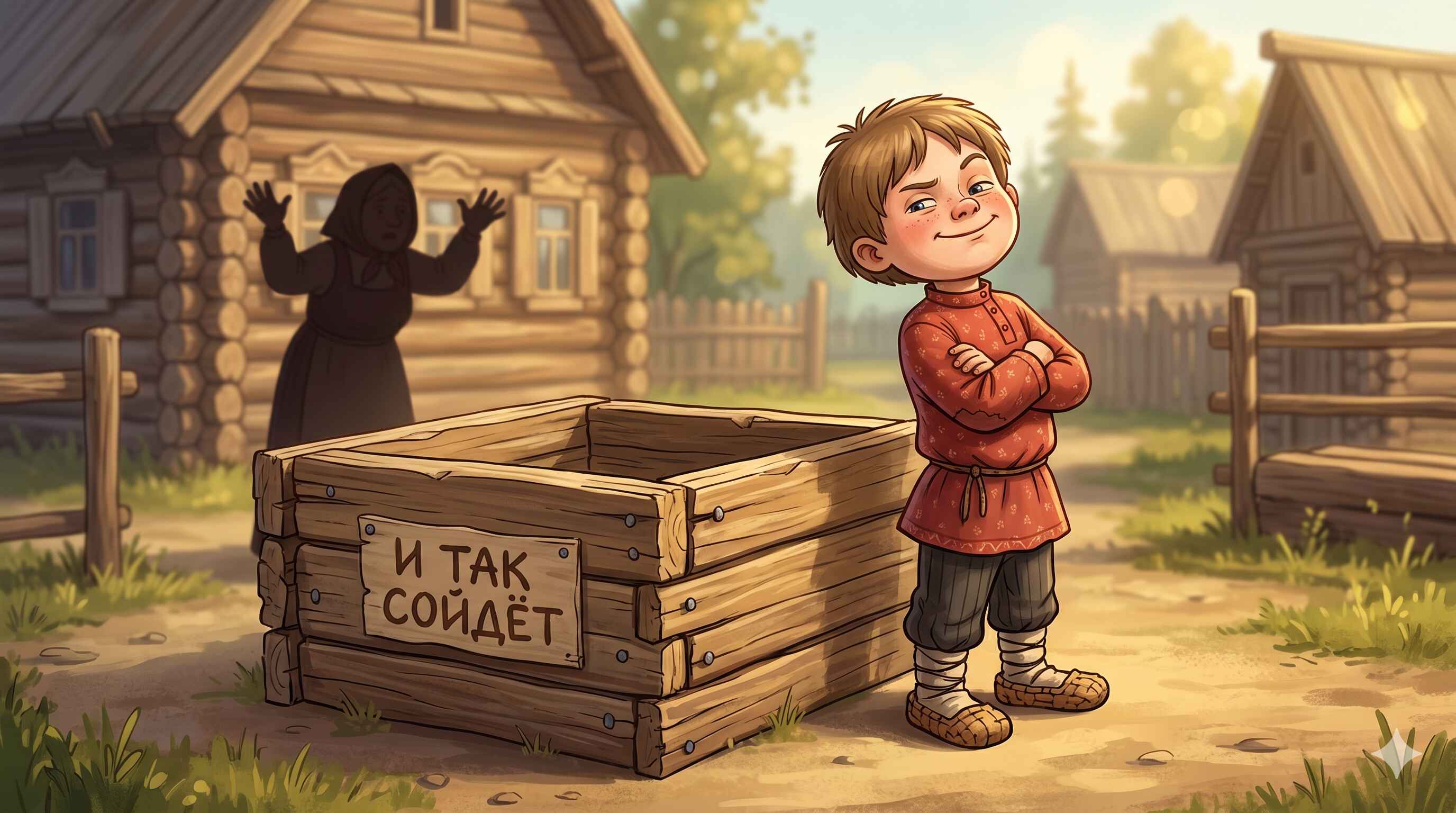 Мальчик гордо стоит рядом с квадратным деревянным корытом с надписью «И так сойдёт»